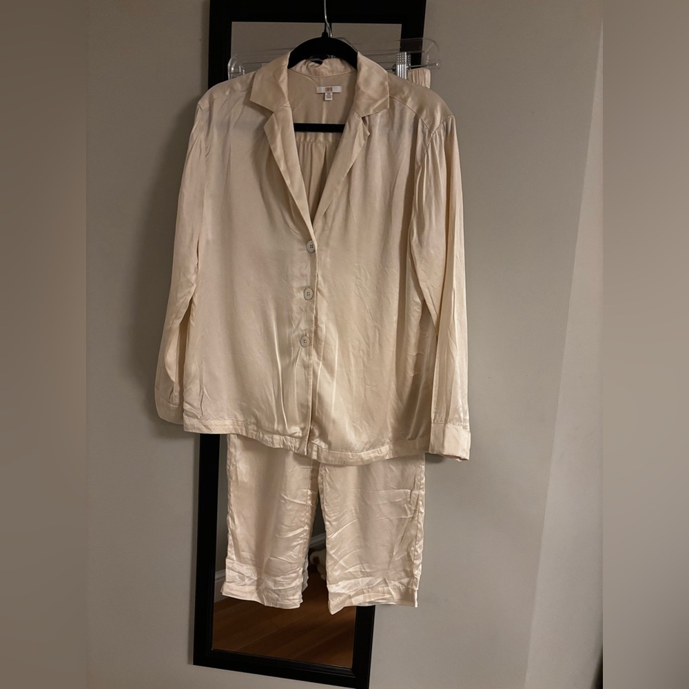 Lunya ivory white Women's Pajama Set Washable Silk Long Sleeve Pant Set tranquil